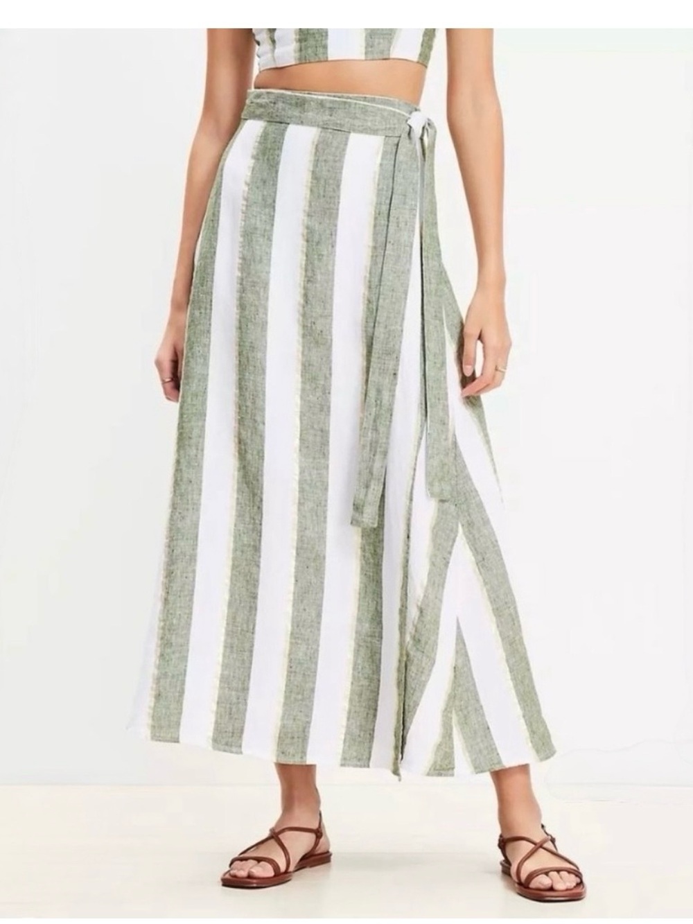 LOFT Olive Green and White Striped Maxi Wrap Skirt